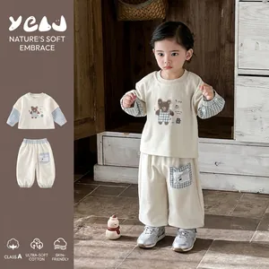 Toddler Boy Korean Style Cotton Plaid Stitching Bear Print Sweatshirt Pants Clothing Outfit Baby Spring Casual Jogger Suit