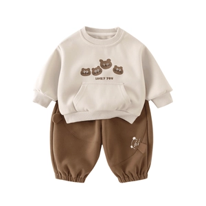 Toddler boys cartoon tracksuit set with beige sweatshirt and brown joggers for spring