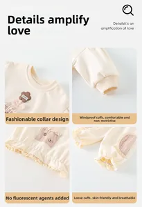 Detailed views of baby girl beige sweatset featuring lace trim and sunflower embroidery