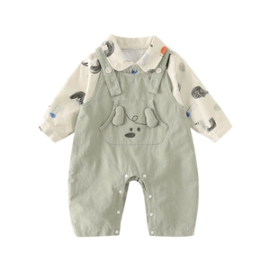 Infant boy outfit set featuring animal print shirt and green cartoon overall trousers