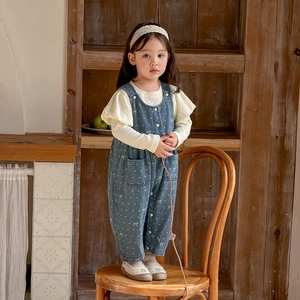 Girls vintage denim overalls set with polka dot pattern and ruffled sleeve blouse