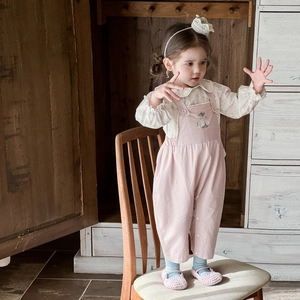 Floral long sleeve shirt and purple overalls set with rabbit embroidery for toddler girls