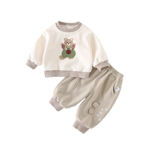 Zweiteiliges Baby-Set mit cremefarbenem Bären-Sweatshirt und khakifarbener Jogginghose