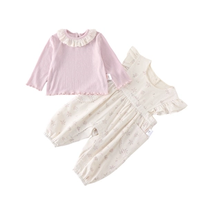 Pink cotton baby girl outfit set with lace collar long sleeve top and floral overalls