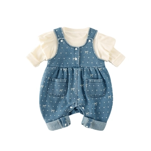 Baby girl two-piece spring set with puff sleeve top and polka dot denim overalls