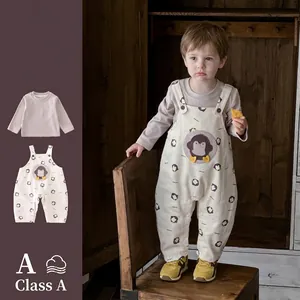 Toddler Boys Cotton Spring Outfit Set Penguin Print Overalls Long Sleeve T-shirt Two-piece Korean Style Clothing Set
