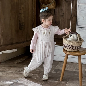 Pink floral baby girl long sleeve romper with bear applique and ruffled collar