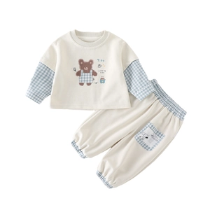 Infant boys' cream sweatshirt and blue plaid pants two-piece cotton clothing set