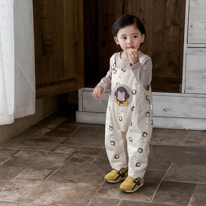 Boys cotton overall set with penguin print pants and grey long sleeve shirt
