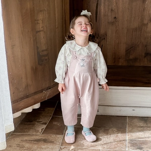 Floral toddler girls shirt and pink velvet overalls set with cute rabbit embroidery
