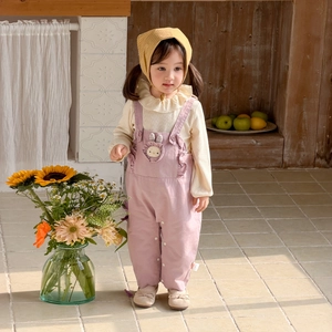 Ensemble 3 pièces printemps pour filles avec chemise à volants, salopette lapin et bandeau
