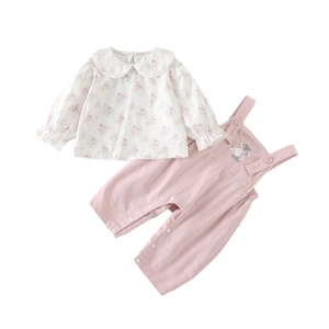 Floral long sleeve blouse with pink rabbit embroidery overalls two-piece set for toddlers