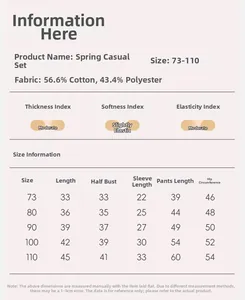 Size chart for baby boy spring tracksuit showing cotton blend fabric and measurements