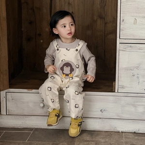Toddler boys penguin print overall set with grey long sleeve shirt and beige trousers