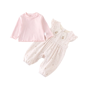 Pink toddler long sleeve top with ruffle collar and floral overall outfit set