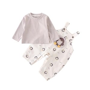 Toddler boy spring two-piece set with lilac long sleeve tee and penguin overall trousers