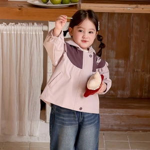 Cute pink and purple hooded windbreaker jacket with blue denim jeans for toddler girls