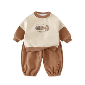 Infant boys two-piece set featuring guinea pig sweatshirt and brown joggers in cream white