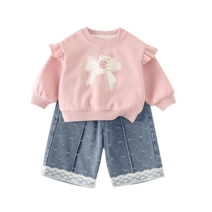 Baby girl pink ruffled sweatshirt and bow denim shorts two-piece spring outfit set