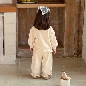 Beige toddler girl sweatshirt and jogger pants set with lace trim and matching headband