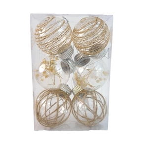 Set di 6 palline di Natale in PET trasparente con corda di canapa e fiori secchi