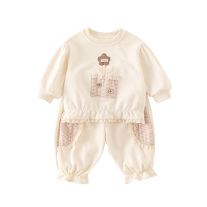 Beige toddler two-piece tracksuit featuring floral patch sweatshirt and plaid pocket pants