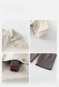 Detail view of cotton shirt neckline, wooden buttons and safe non-fluorescent fabric