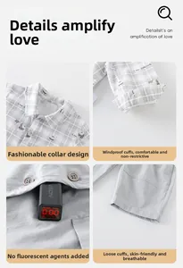 Detailed views of baby boy's plaid shirt collar, elastic cuffs and non-fluorescent fabric
