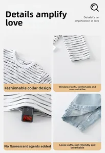 Detailed view of baby striped top and denim pants with snap buttons and zero fluorescence