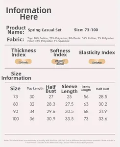 Detailed size chart for baby boy denim overalls and shirt set with fabric specifications