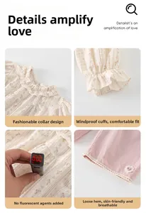 Close-up detail of floral cotton shirt with ruffled collar and safe fluorescent-free fabric