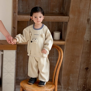 Toddler boys casual cream set featuring a cartoon dog sweatshirt and matching knit pants
