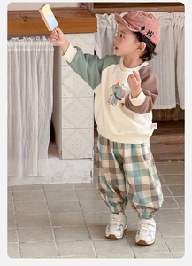 Détail du sweat-shirt color-block avec imprimé éléphant et pantalon à carreaux enfant
