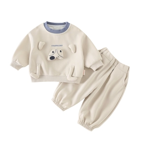 Infant boy beige two-piece casual tracksuit set with cartoon dog embroidery and joggers