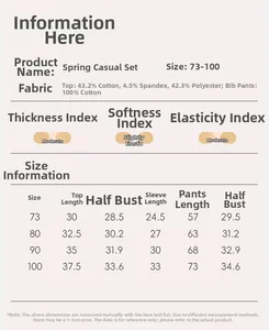 Size guide for floral toddler overall set with fabric details and measurements in cm