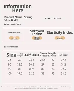 Size chart detail for girls' cotton overall set showing measurements and fabric specs
