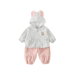 Ensemble printemps pour fille avec sweat à capuche gris à oreilles et pantalon rose