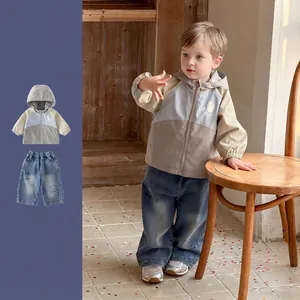 Ensemble de Vêtements de Printemps Décontracté pour Bébé Garçon Veste Coupe-vent à Capuche et Pantalon en Jean Long Color Block