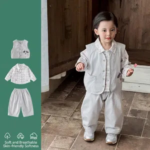 Baby Boys 3 Piece Clothing Set Soft Cotton Gray Vest Dog Pattern Plaid Long Sleeve Shirt Casual Pants Spring Outfit
