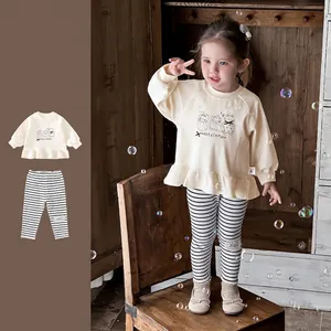 Baby Girl Long Sleeve Ruffle Sweatshirt And Striped Leggings Outfit Cartoon Printed Cotton Blend Clothes For Toddler