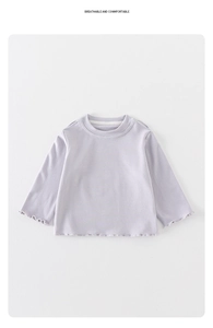Detail of light purple toddler shirt featuring wavy lettuce edges and soft knit texture