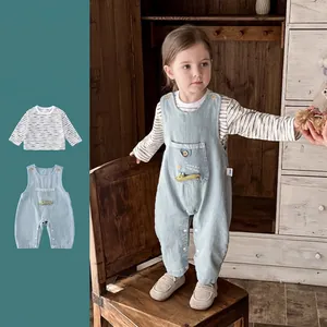 Baby Boys Korean Casual Outfit Striped Long Sleeve T-Shirt And Cartoon Crocodile Denim Suspender Pants Autumn Clothing