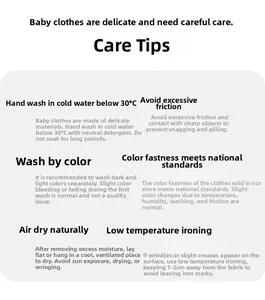 Detailed laundry care card for baby clothing showing washing and ironing instructions