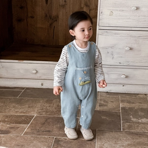Infant denim overalls set with striped long sleeve shirt and cute sun embroidery