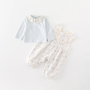 Baby Girls Floral Clothing Set Cotton Long Sleeve Top And Romper Korean Style Sweet Lace Peter Pan Collar Two Piece Outfit