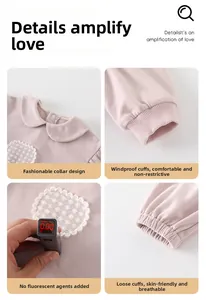 Détails de l'ensemble bébé rose montrant le col Claudine et la broderie en dentelle