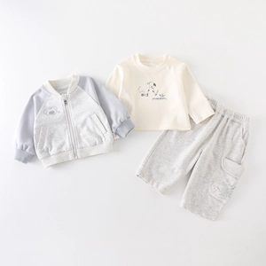 Ensemble de Vêtements 3 Pièces pour Bébé Garçon Style Coréen Imprimé Dessin Animé Veste T-Shirt Et Pantalon Printemps