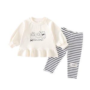 Baby girl long sleeve ruffle top and striped leggings two-piece set with cartoon design