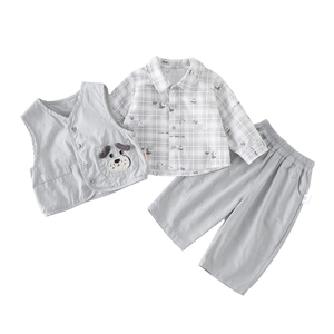 Toddler boys gray 3-piece clothing set with dog vest, plaid shirt and casual pants