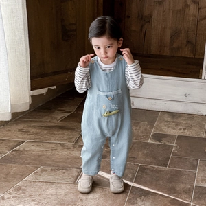 Korean style baby denim overalls set with striped long sleeve shirt and cute embroidery